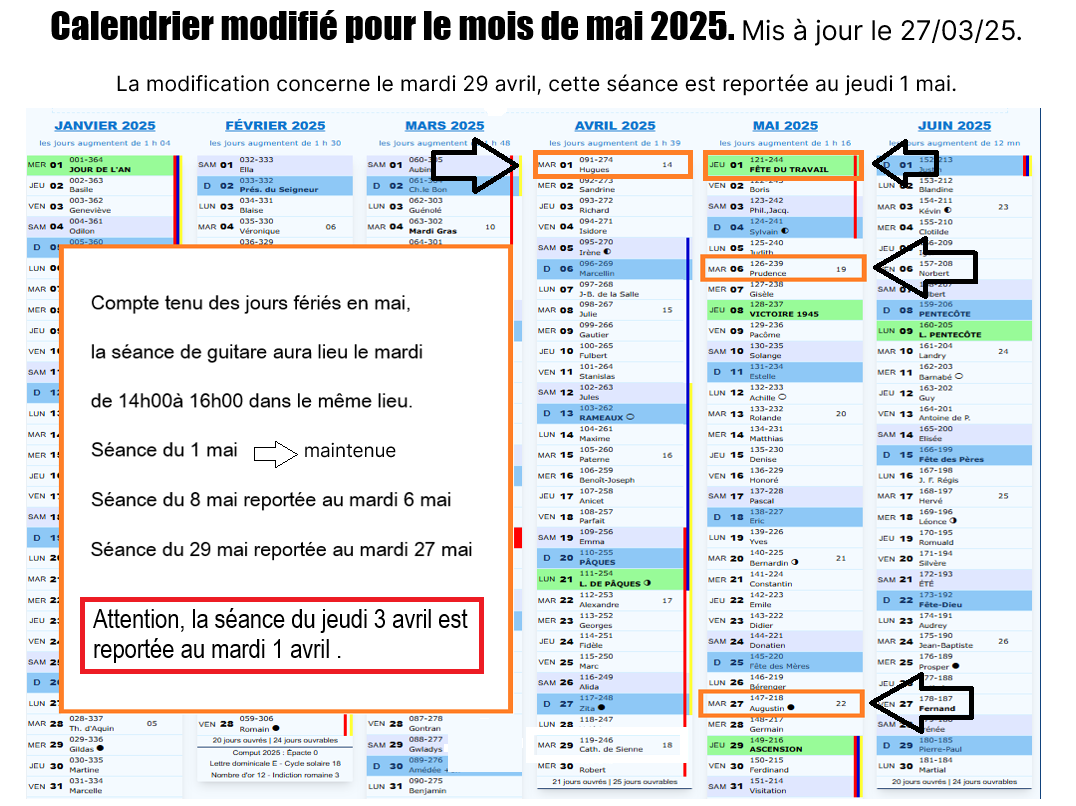 Calendrier modifie mai 2025 mi a jour 27 03 25